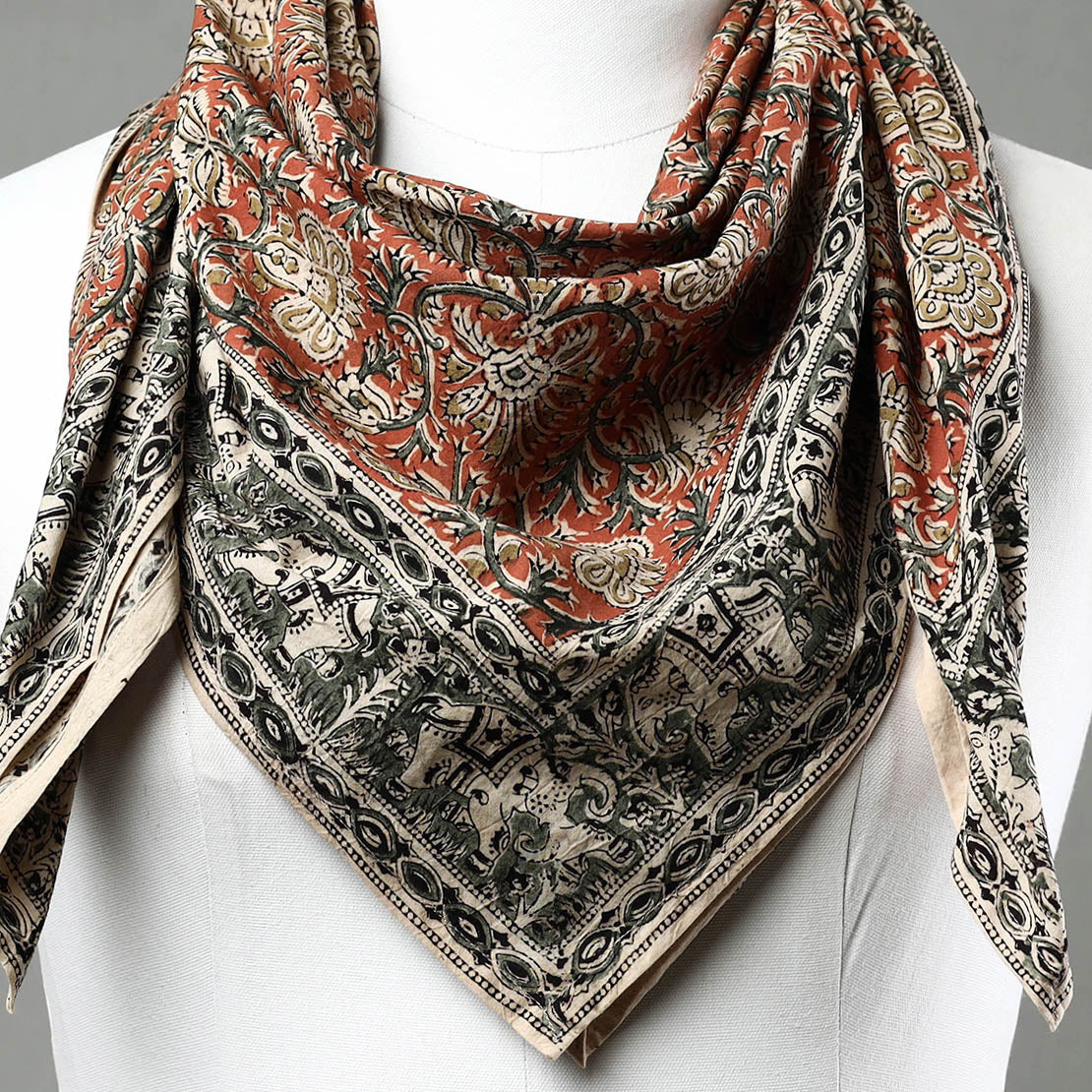 Orange Pedana Kalamkari Block Printed Natural Dyed Cotton Scarf 
