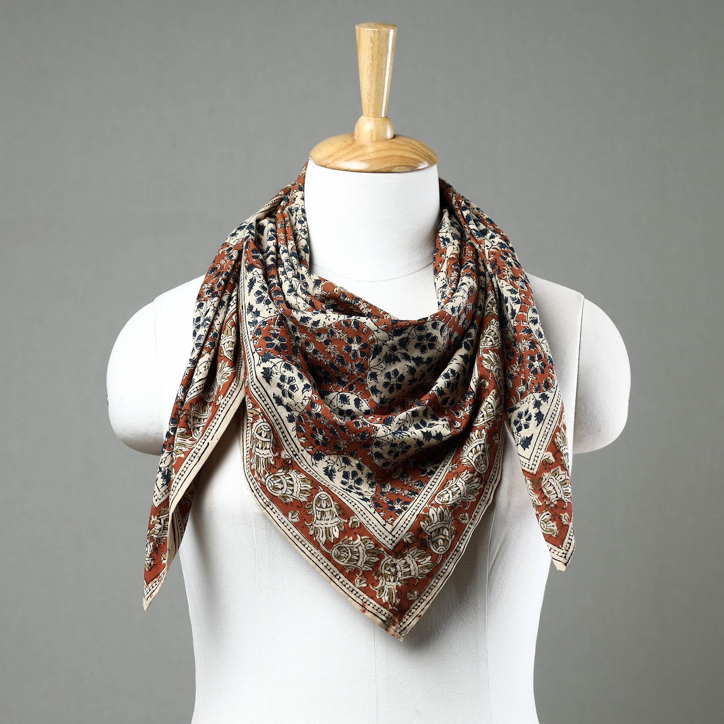 Orange Pedana Kalamkari Block Printed Natural Dyed Cotton Scarf