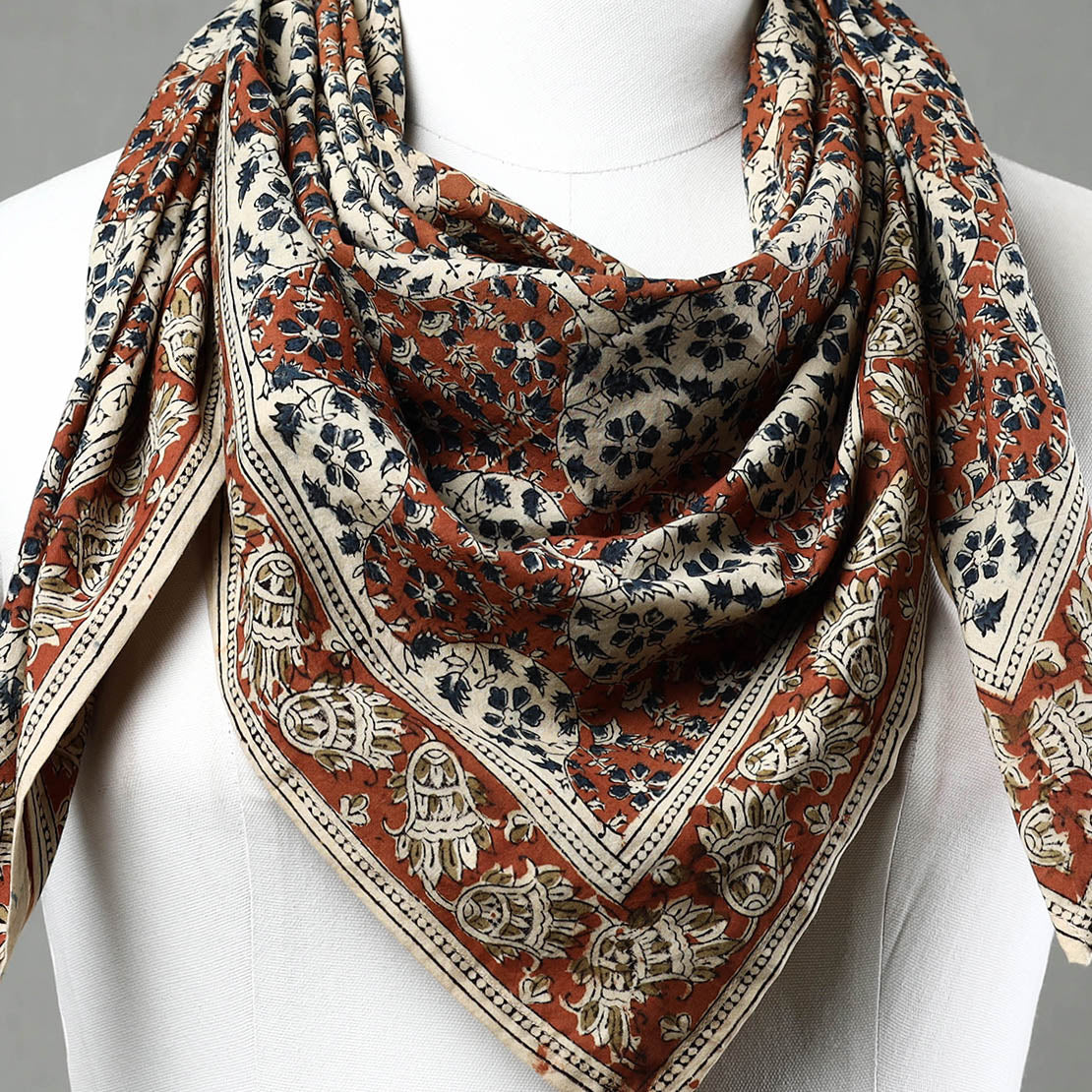 Orange Pedana Kalamkari Block Printed Natural Dyed Cotton Scarf