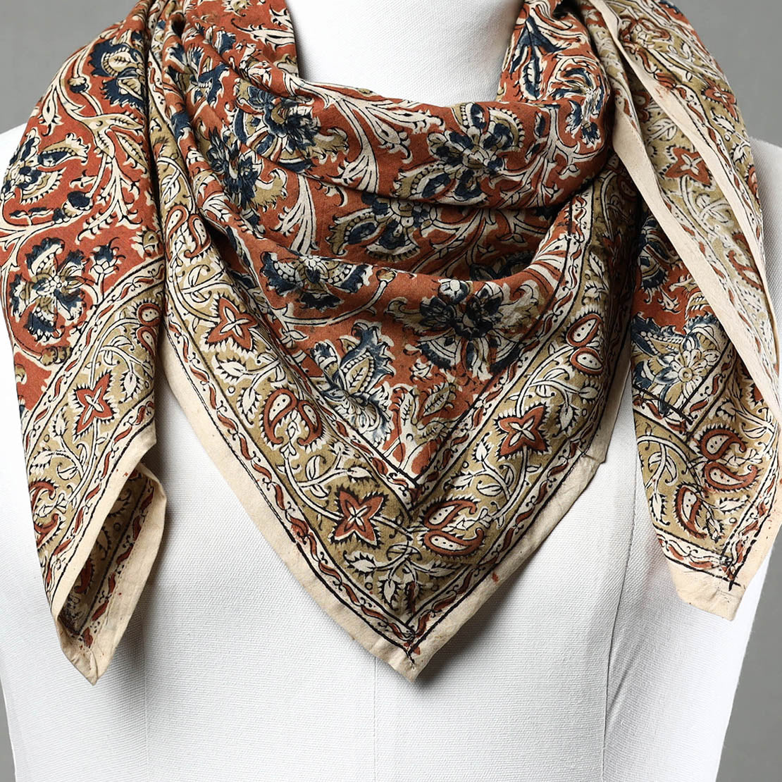 Orange Pedana Kalamkari Block Printed Natural Dyed Cotton Scarf