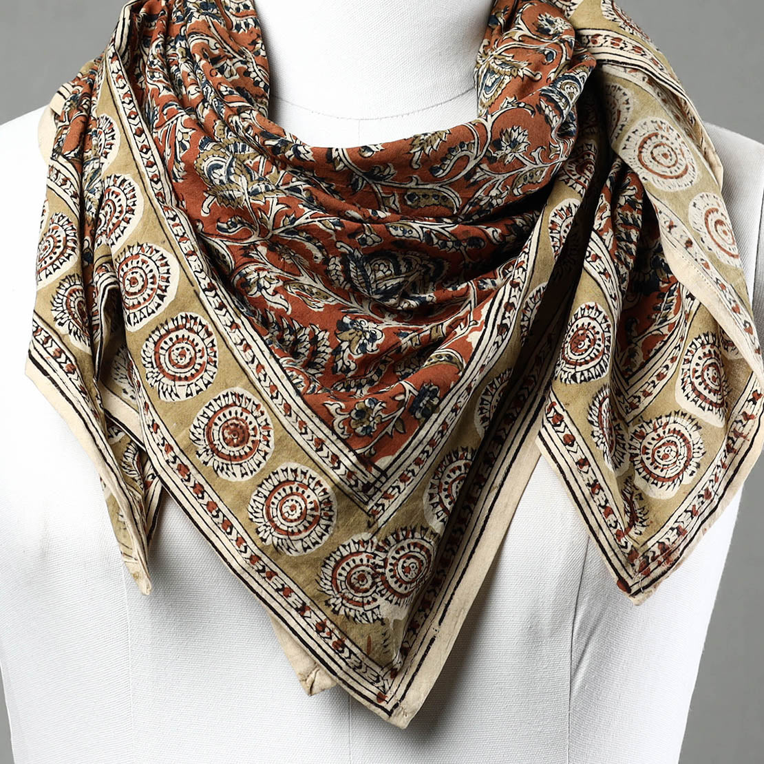 Orange Pedana Kalamkari Block Printed Natural Dyed Cotton Scarf