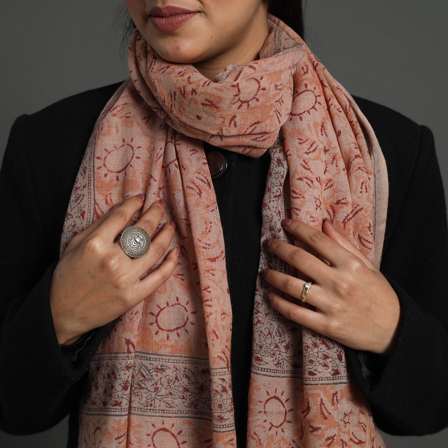 Orange Block Print Pedana Kalamkari Wool Stole