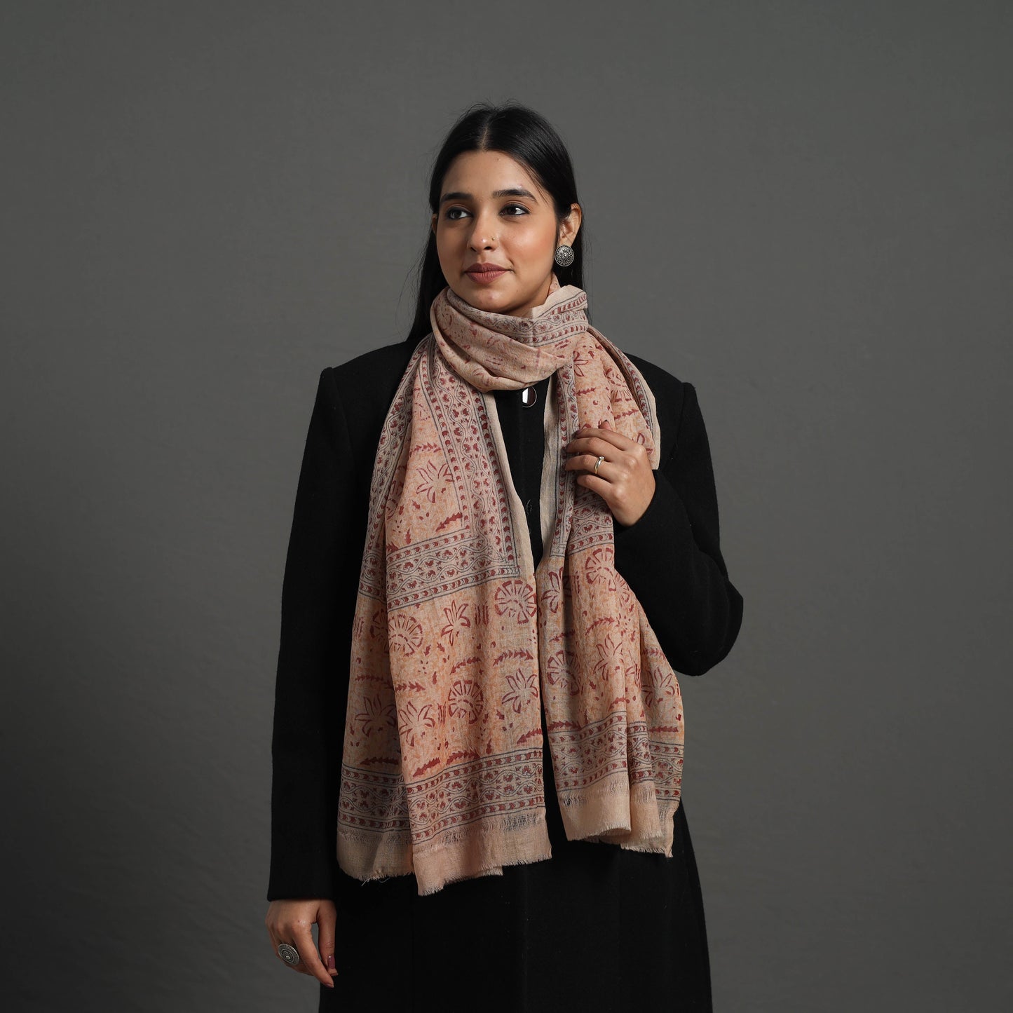 Orange Block Print Pedana Kalamkari Wool Stole