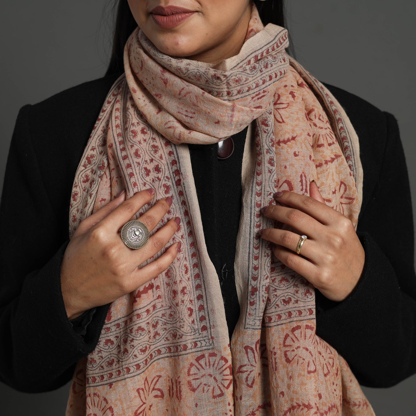 Orange Block Print Pedana Kalamkari Wool Stole