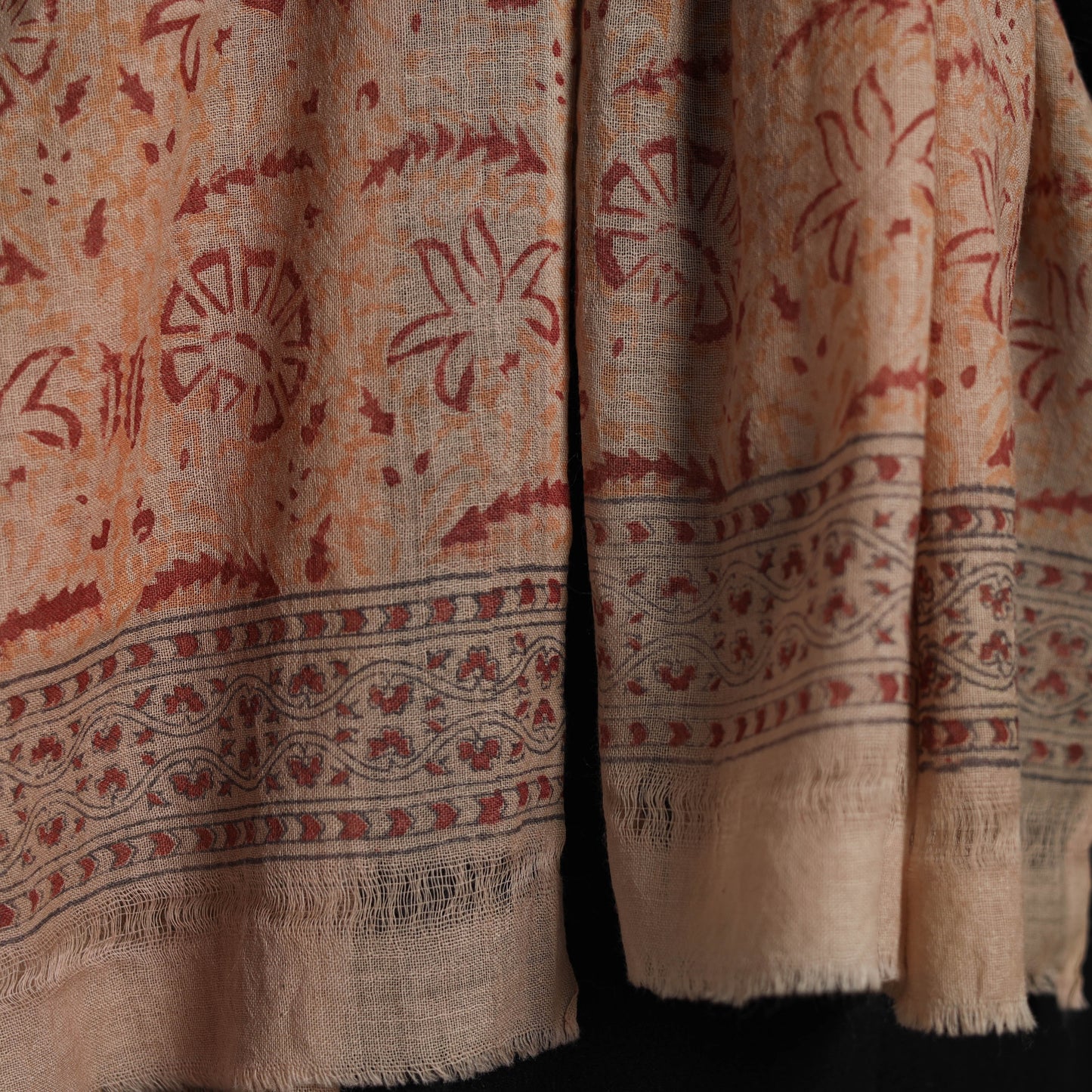 Orange Block Print Pedana Kalamkari Wool Stole