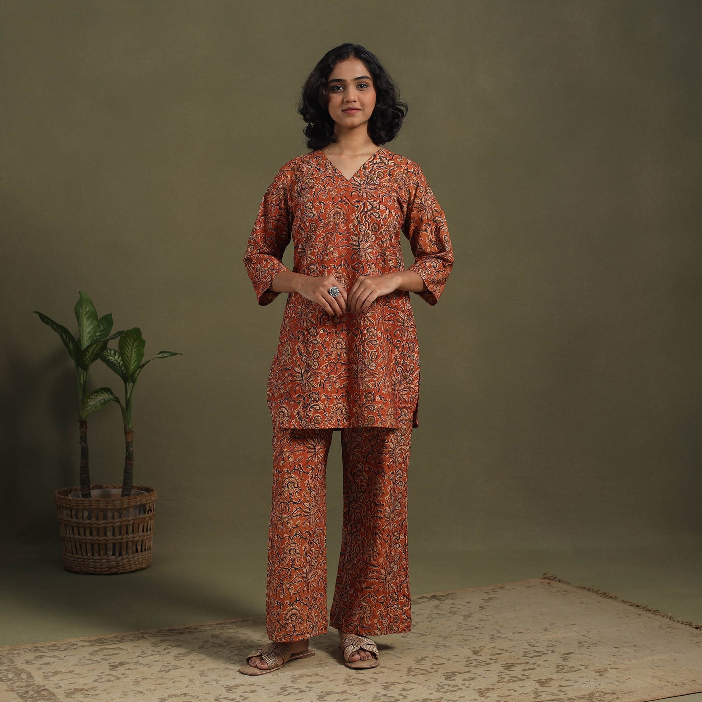 Orange Pedana Natural Dyed Block Print Kalamkari Co-ord Set 