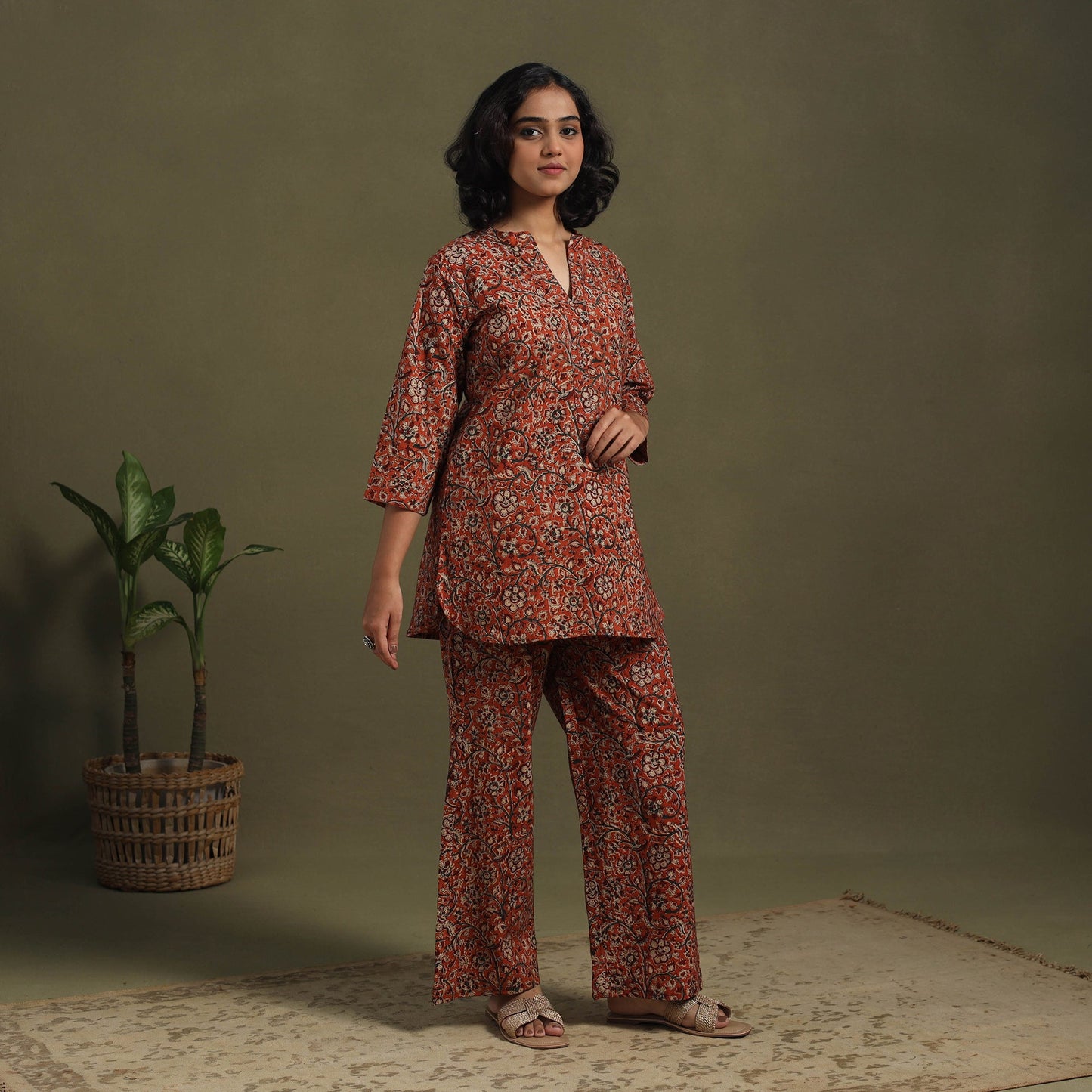 Orange Pedana Natural Dyed Block Print Kalamkari Co-ord Set 