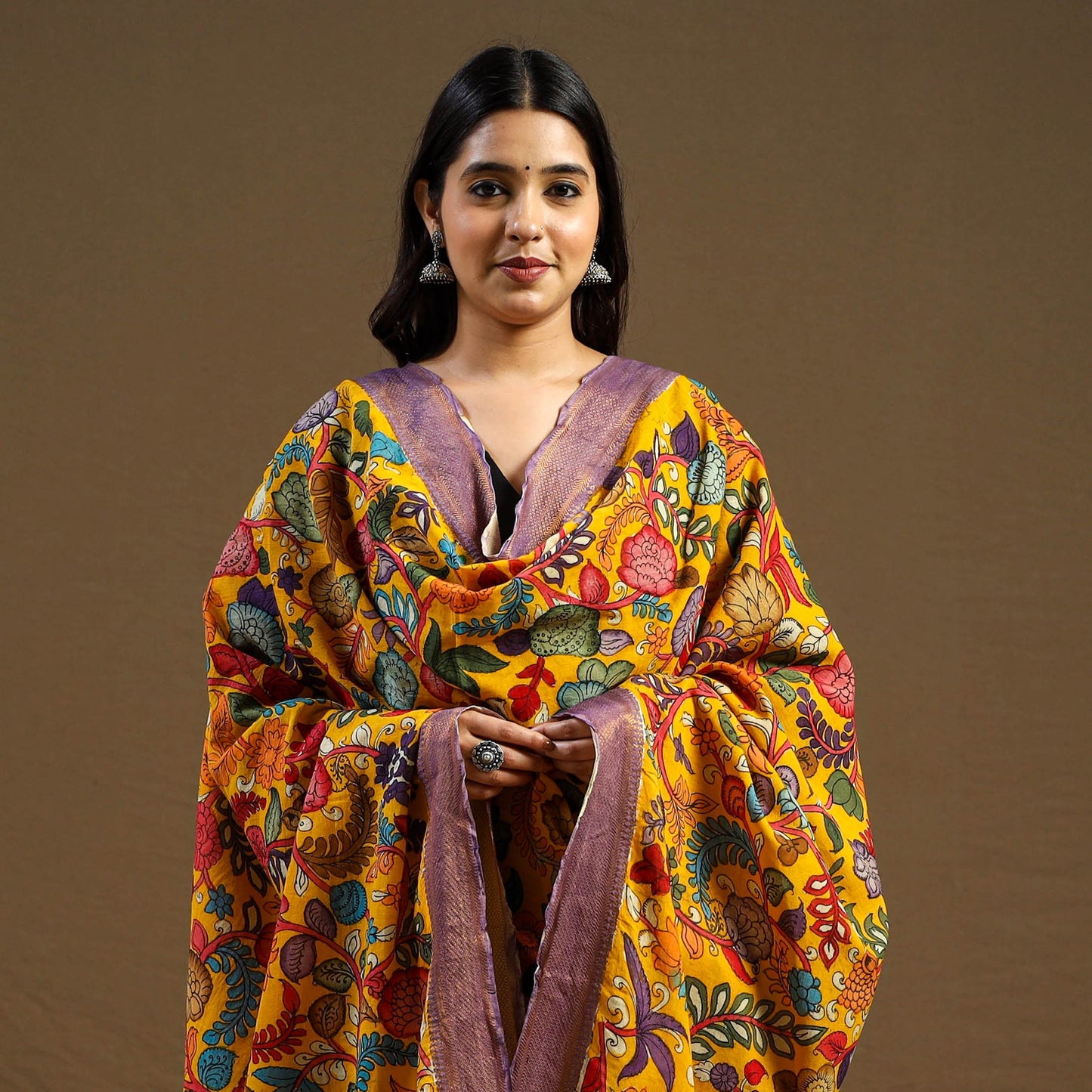 Orange Pen Work Chanderi Silk Handpainted Kalamkari Dupatta