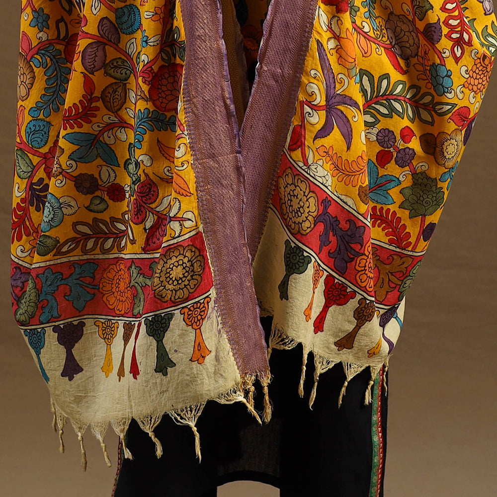 Orange Pen Work Chanderi Silk Handpainted Kalamkari Dupatta