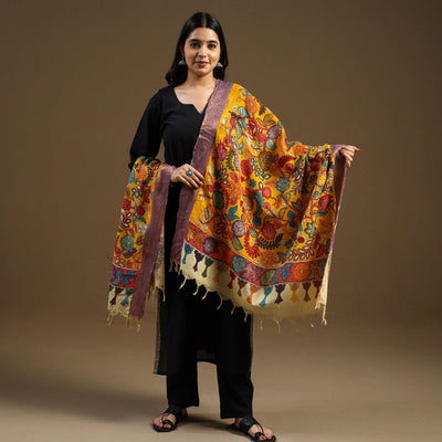 Orange Pen Work Chanderi Silk Handpainted Kalamkari Dupatta