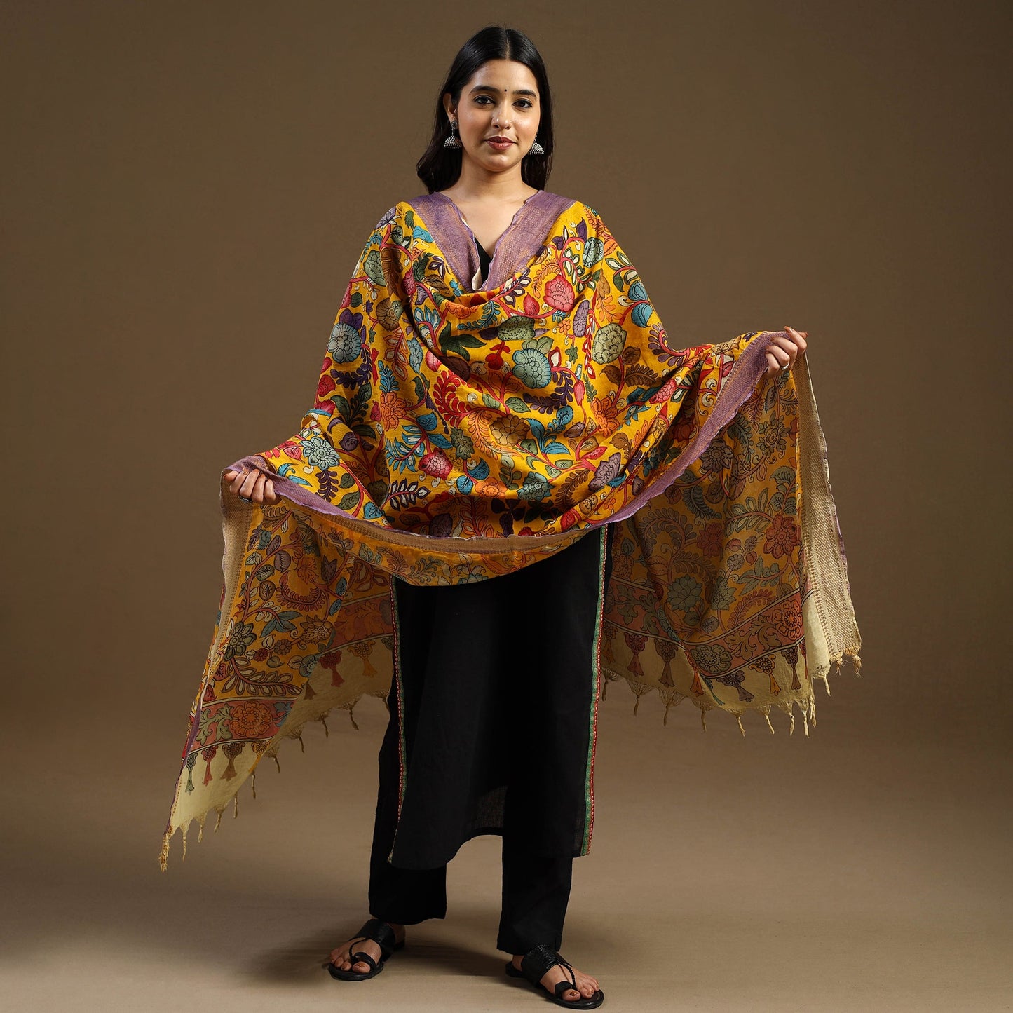 Orange Pen Work Chanderi Silk Handpainted Kalamkari Dupatta
