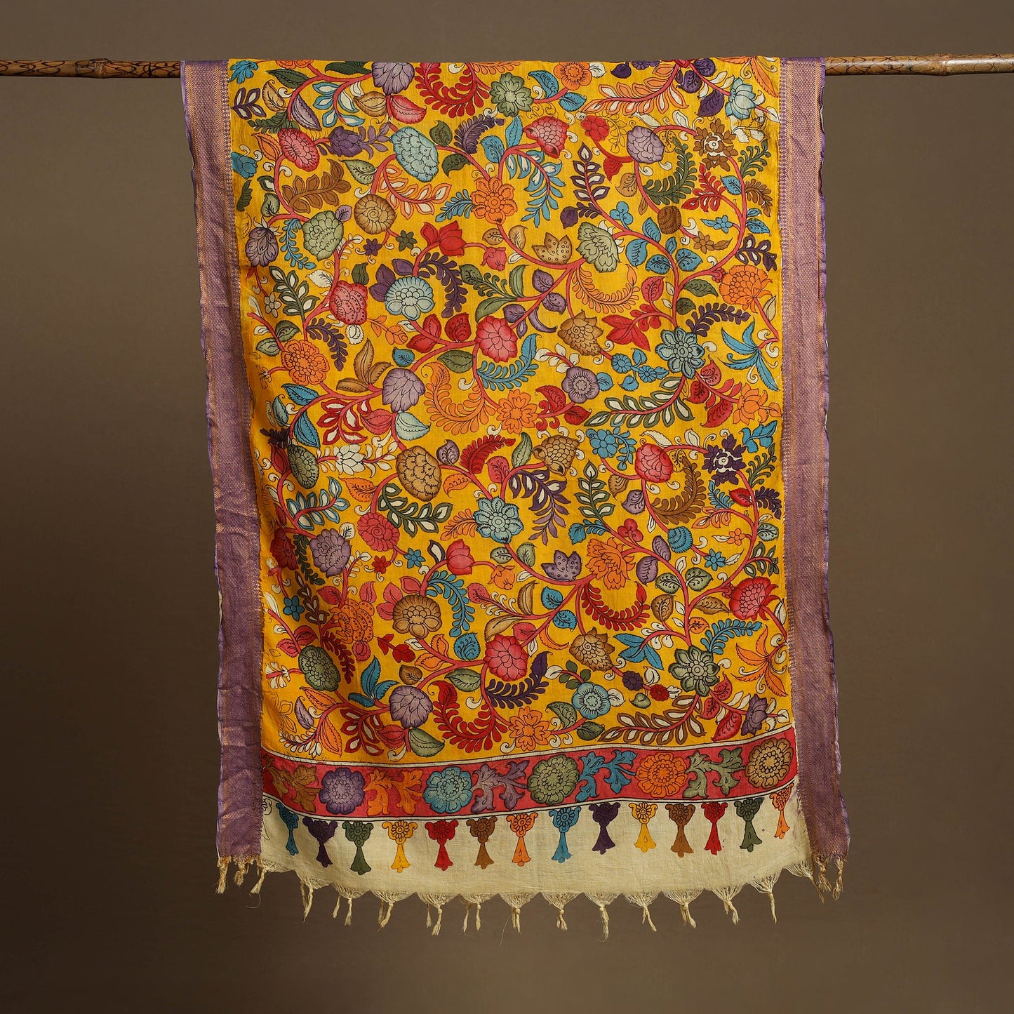 Orange Pen Work Chanderi Silk Handpainted Kalamkari Dupatta