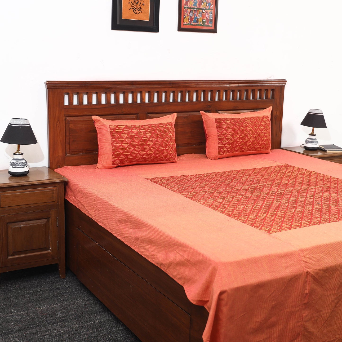 Plain Cotton Double Bed Cover with Block Print Patchwork