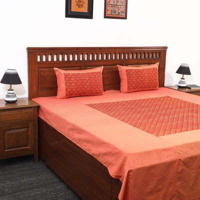 Plain Cotton Double Bed Cover with Block Print Patchwork