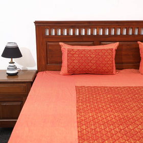 Plain Cotton Double Bed Cover with Block Print Patchwork