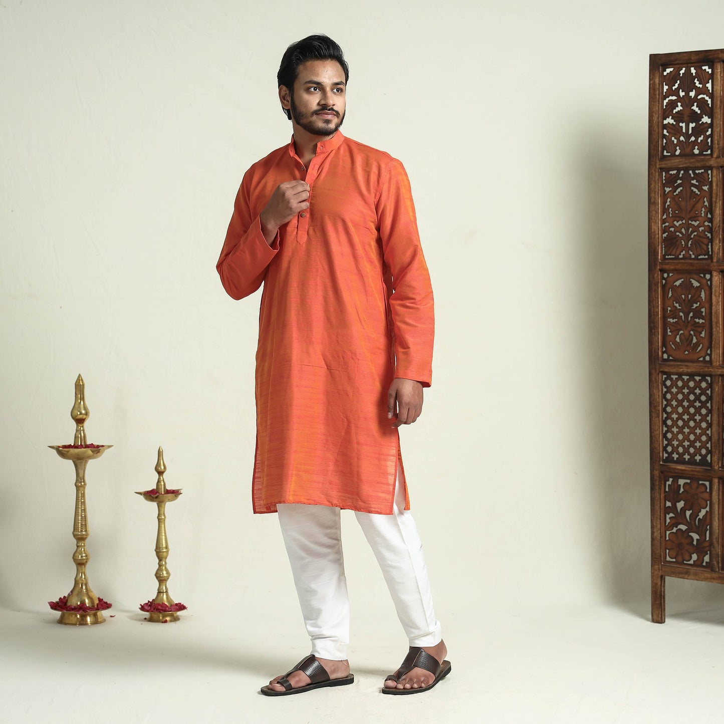 Buy Plain Dyed Slub Silk Men Long Kurta Online at iTokri.com