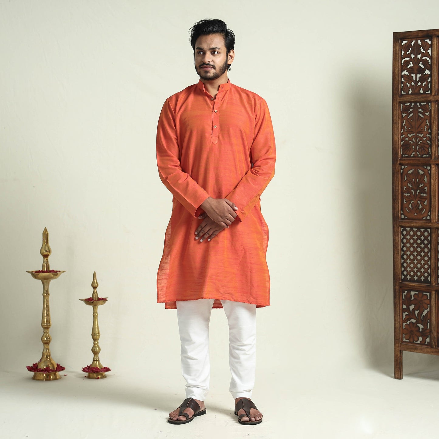 Buy Plain Dyed Slub Silk Men Long Kurta Online at iTokri.com