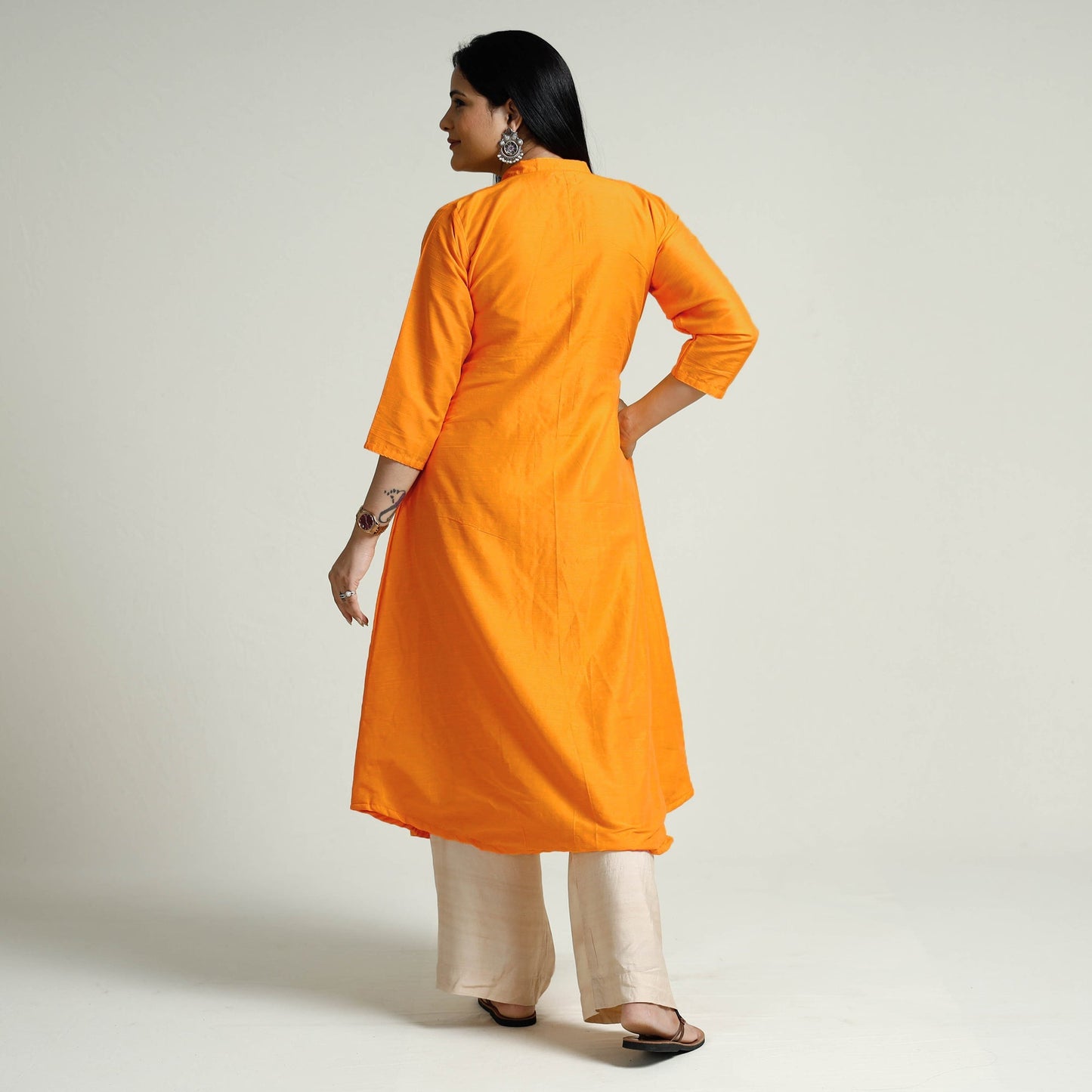  Orange Plain Silk Long Kurta for Women