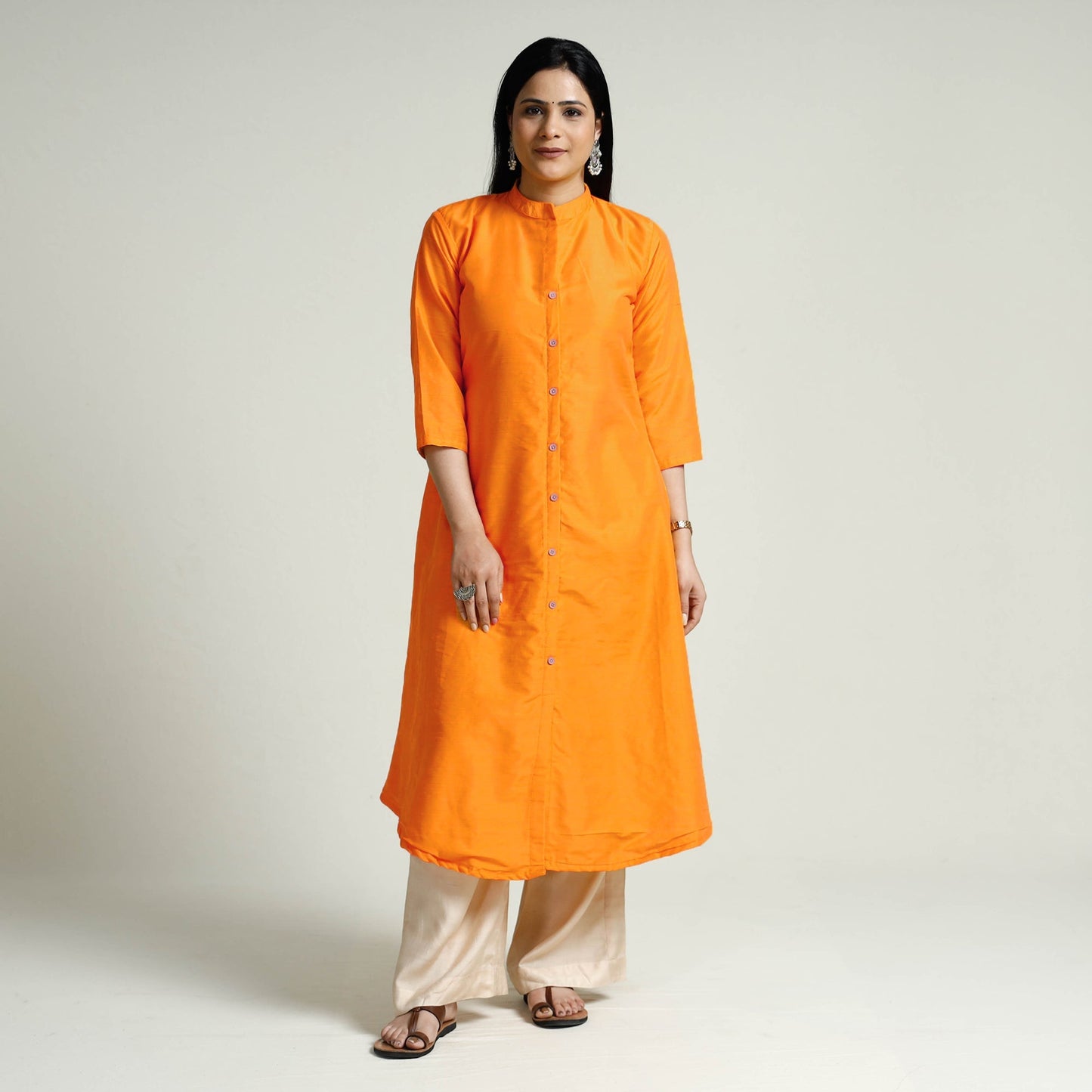  Orange Plain Silk Long Kurta for Women