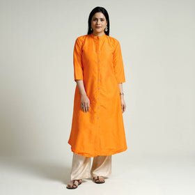  Orange Plain Silk Long Kurta for Women