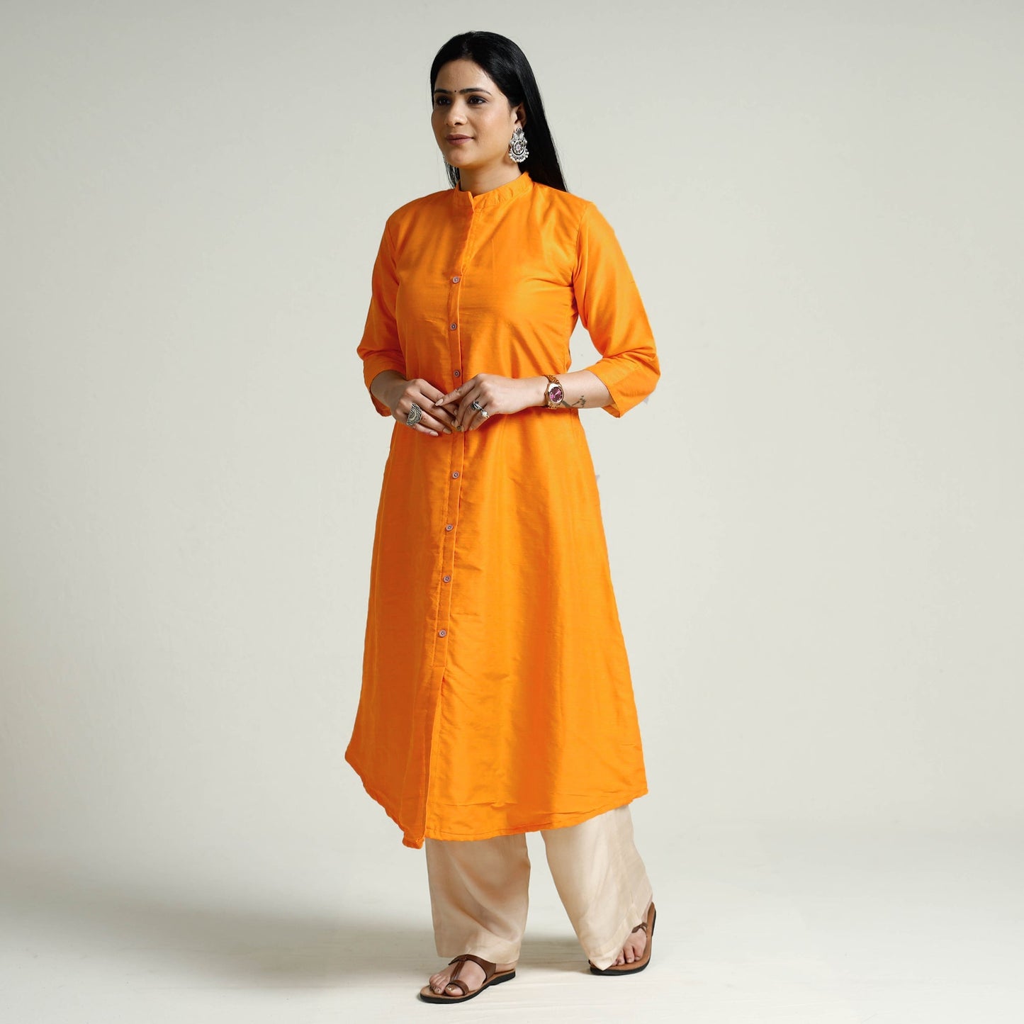  Orange Plain Silk Long Kurta for Women