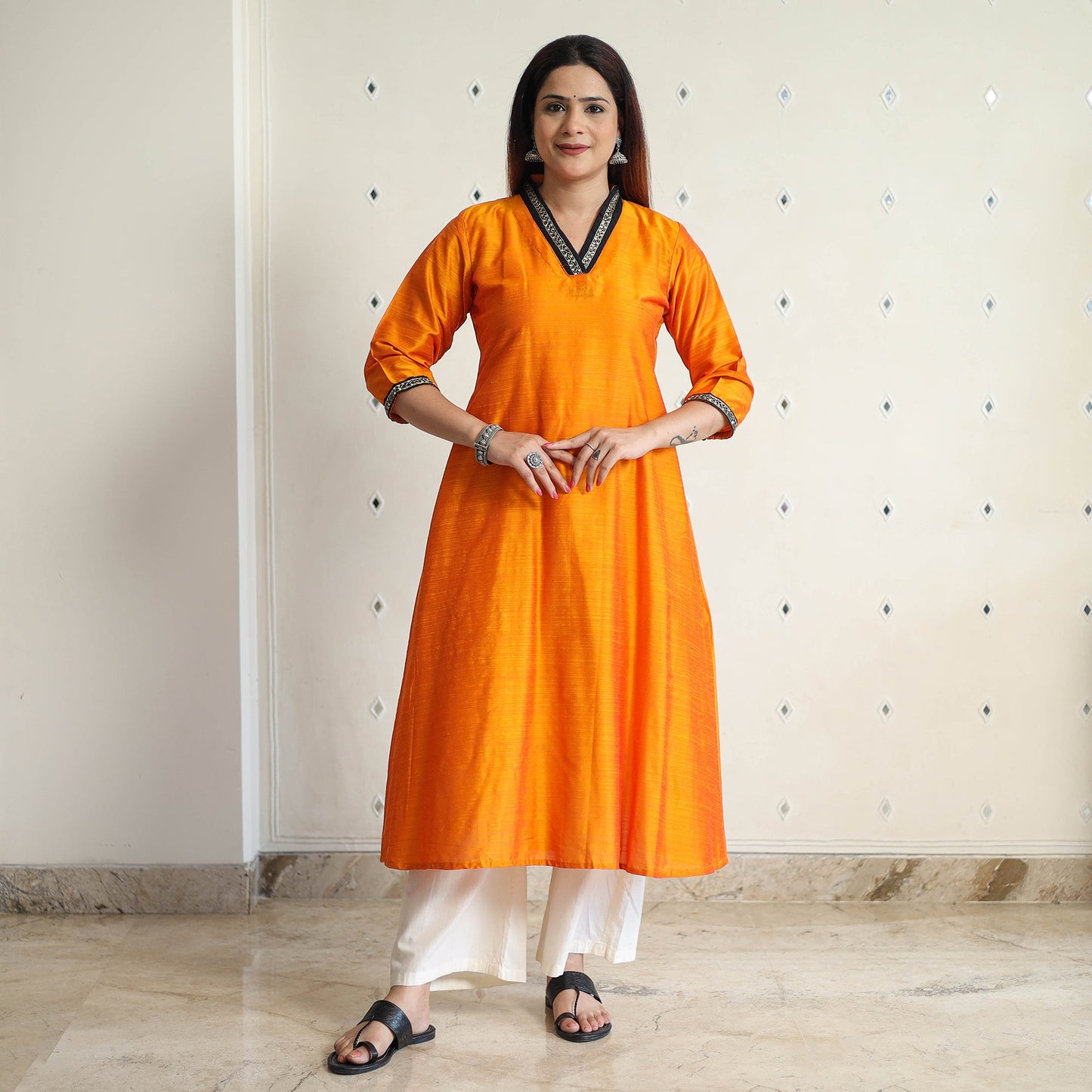  Plain Solid Slub Silk Kurta with Beadwork Hand Embroidery Lace 23 