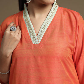 Buy Plain Solid Slub Silk Kurta with Beadwork Hand Embroidery Lace Online at iTokri.com