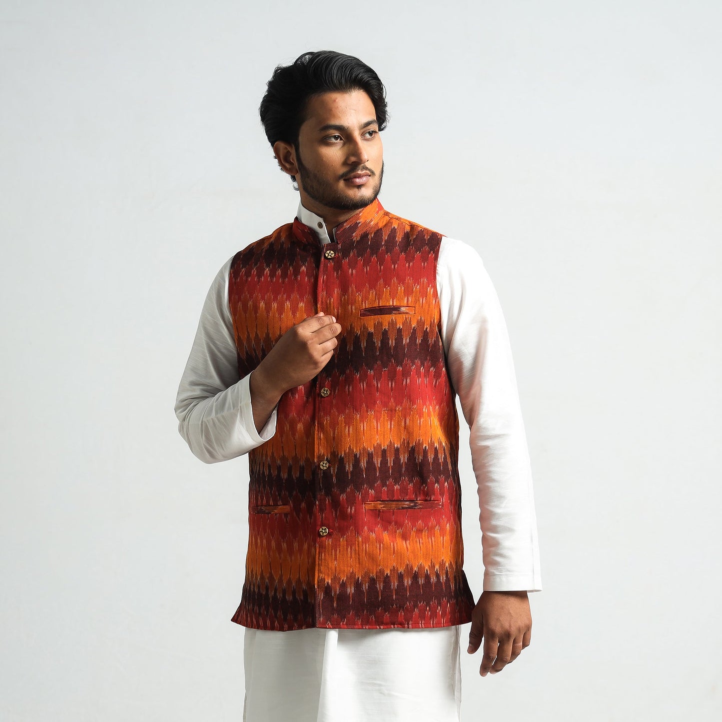 Orange - pochampally ikat cotton men nehru jacket