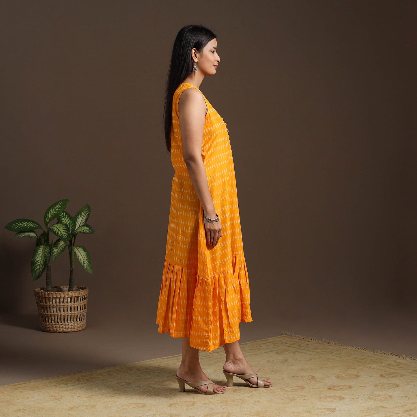 Yellow Pochampally Ikat Cotton Tiered Dress for Women
