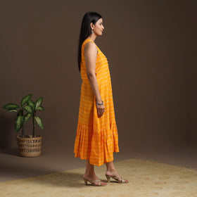 Yellow Pochampally Ikat Cotton Tiered Dress for Women