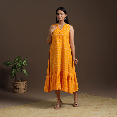 Yellow Pochampally Ikat Cotton Tiered Dress for Women