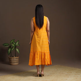 Yellow Pochampally Ikat Cotton Tiered Dress for Women