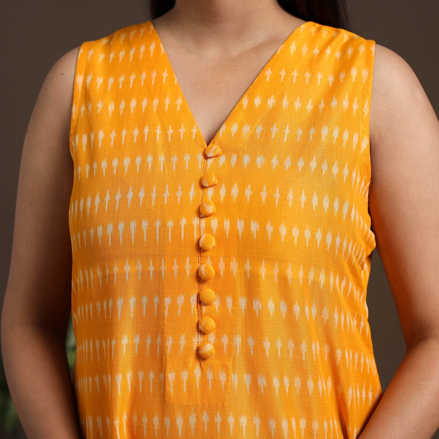 Yellow Pochampally Ikat Cotton Tiered Dress for Women