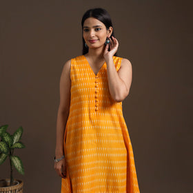 Yellow Pochampally Ikat Cotton Tiered Dress for Women