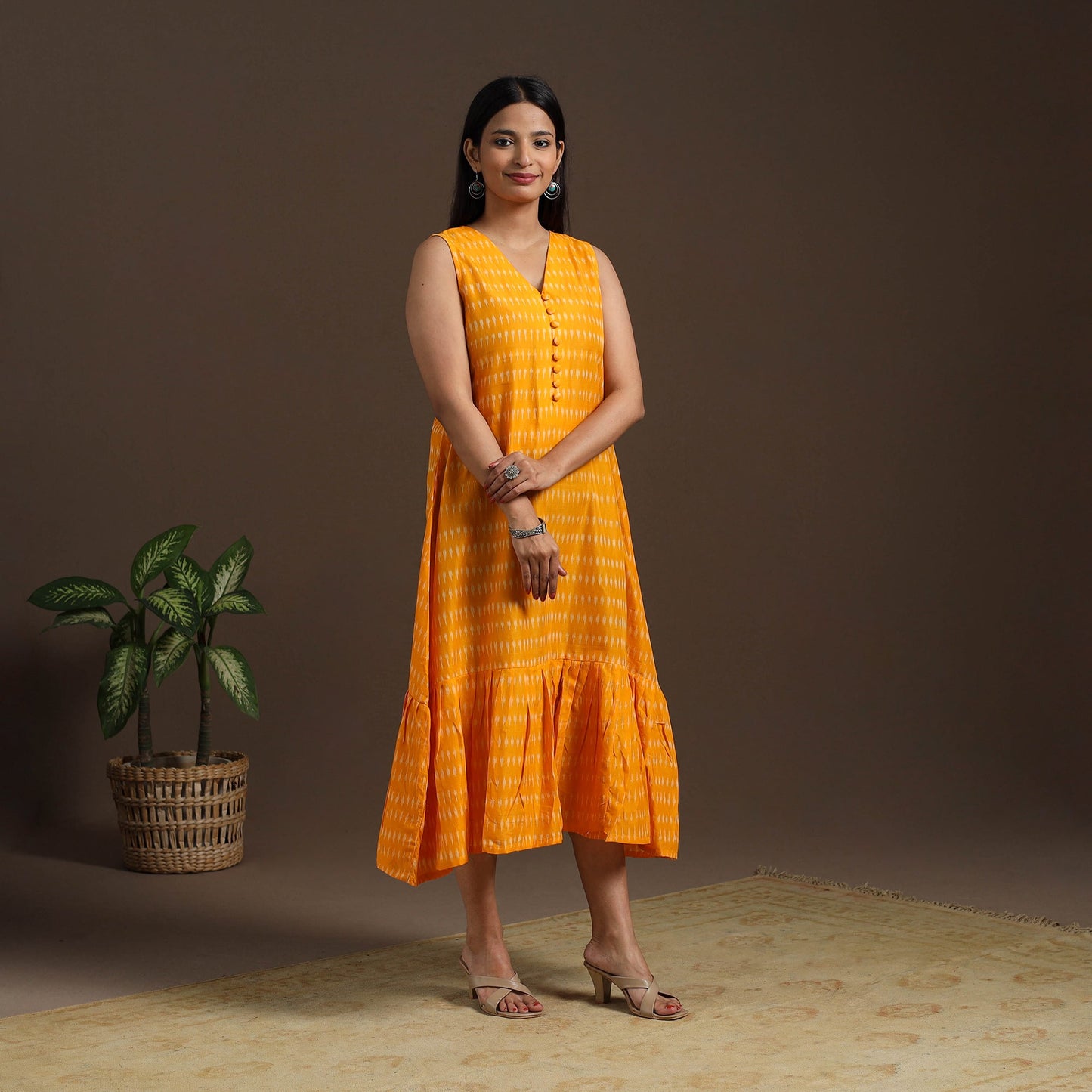 Yellow Pochampally Ikat Cotton Tiered Dress for Women