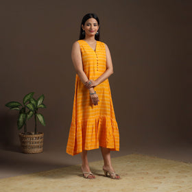 Yellow Pochampally Ikat Cotton Tiered Dress for Women