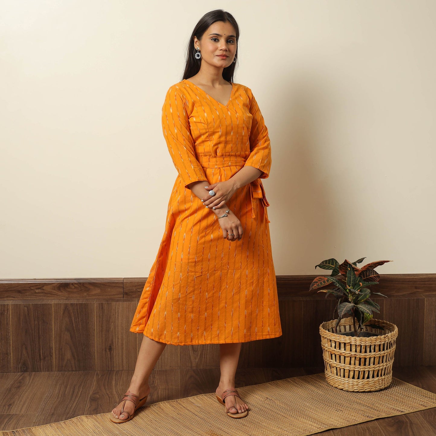 Orange - pochampally ikat weave cotton dress with belt 18