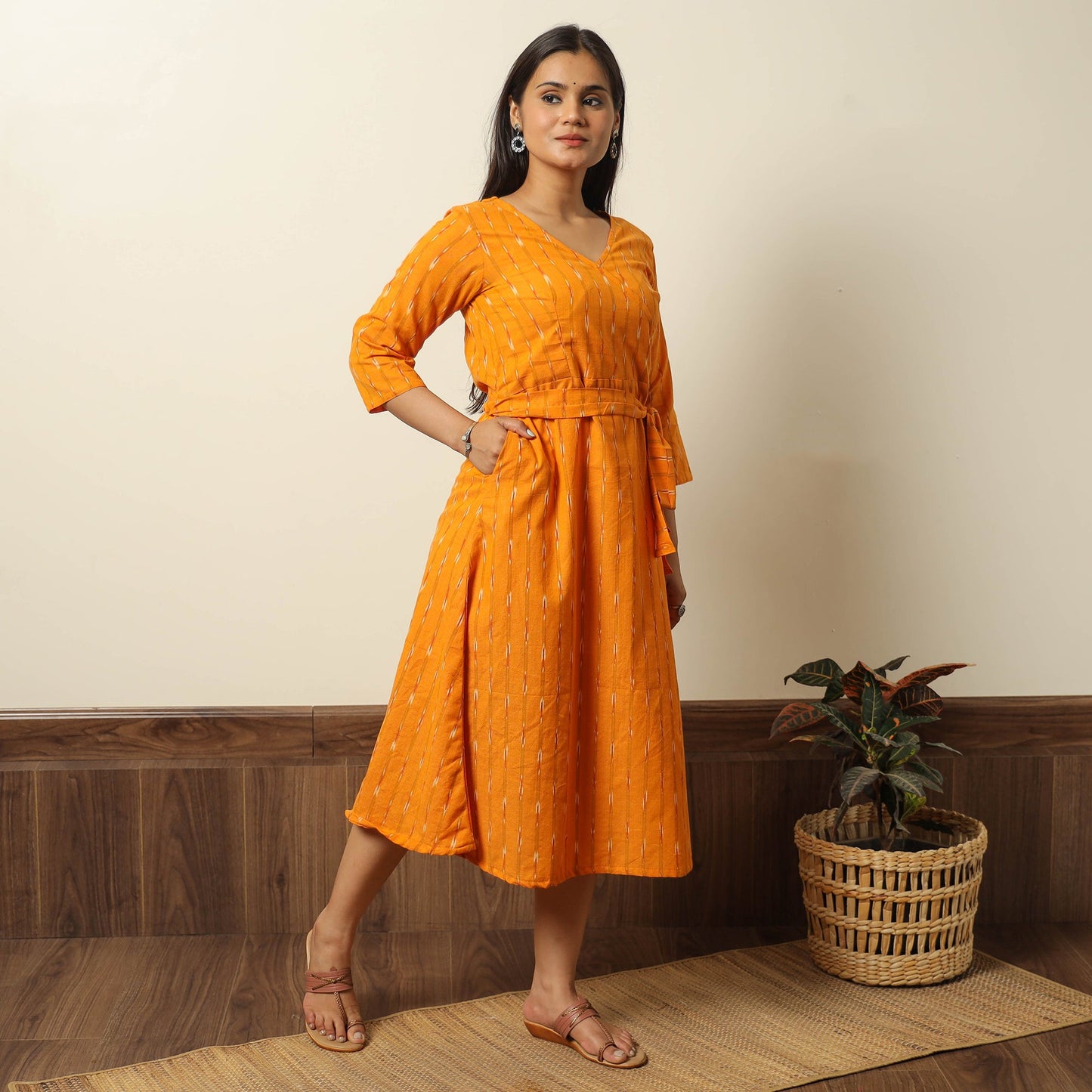 Orange - pochampally ikat weave cotton dress with belt 18