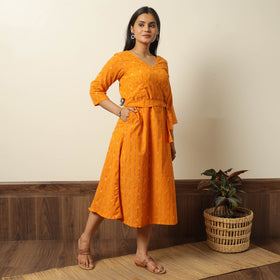 Orange - pochampally ikat weave cotton dress with belt 18