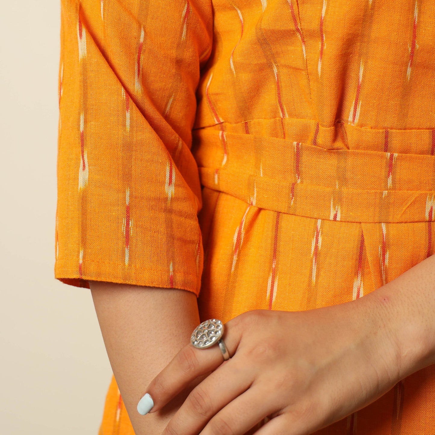 Orange - pochampally ikat weave cotton dress with belt 18