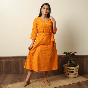 Orange - pochampally ikat weave cotton dress with belt 18