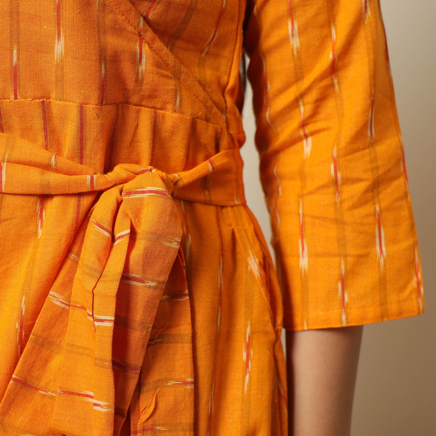 Orange - pochampally ikat weave cotton dress with belt 18
