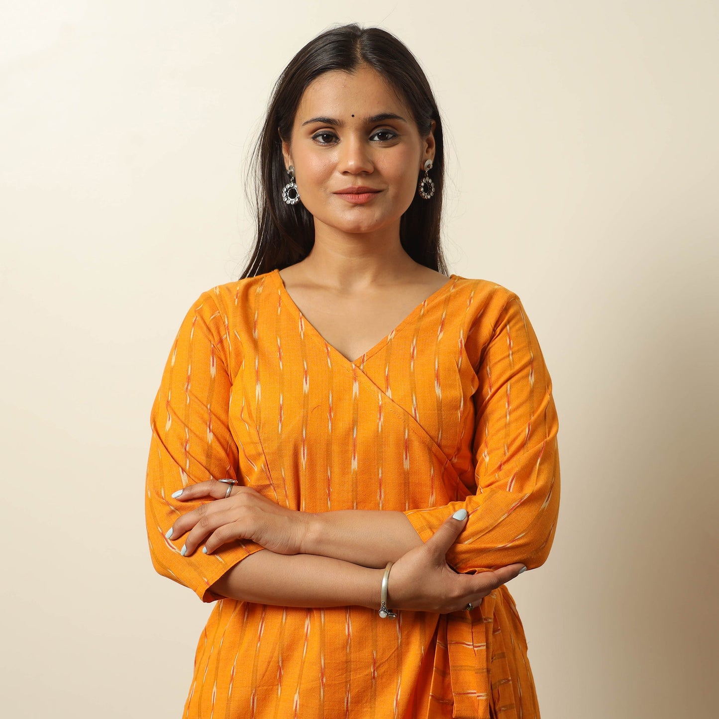 Orange - pochampally ikat weave cotton dress with belt 18