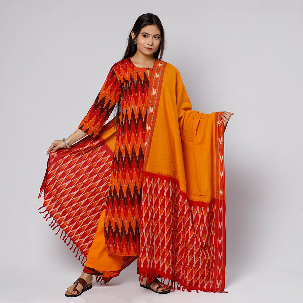 Pochampally ikat weave cotton kurta with palazzo & dupatta