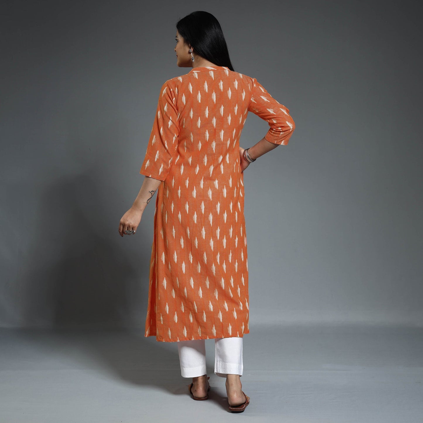 Orange Pochampally Ikat Weave Cotton Long Kurta Online
