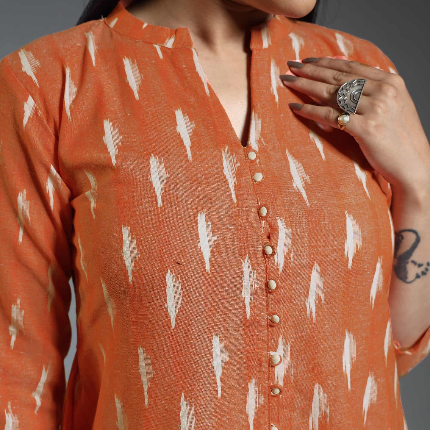 Orange Pochampally Ikat Weave Cotton Long Kurta Online