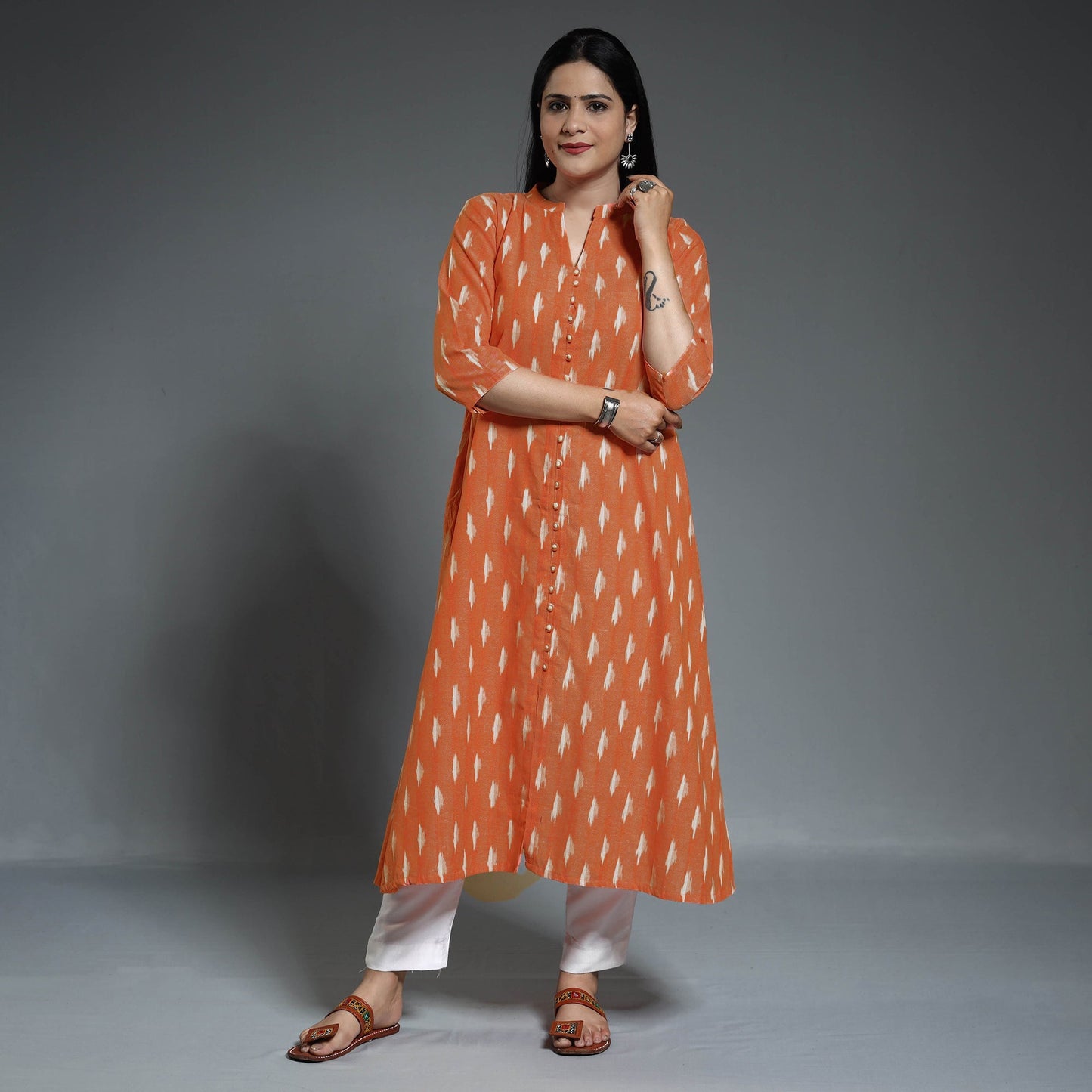 Orange Pochampally Ikat Weave Cotton Long Kurta Online
