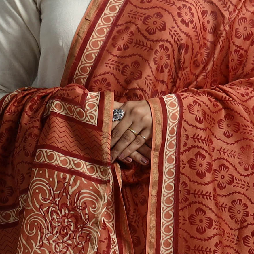 Orange - printed chanderi silk bagru dupatta 66