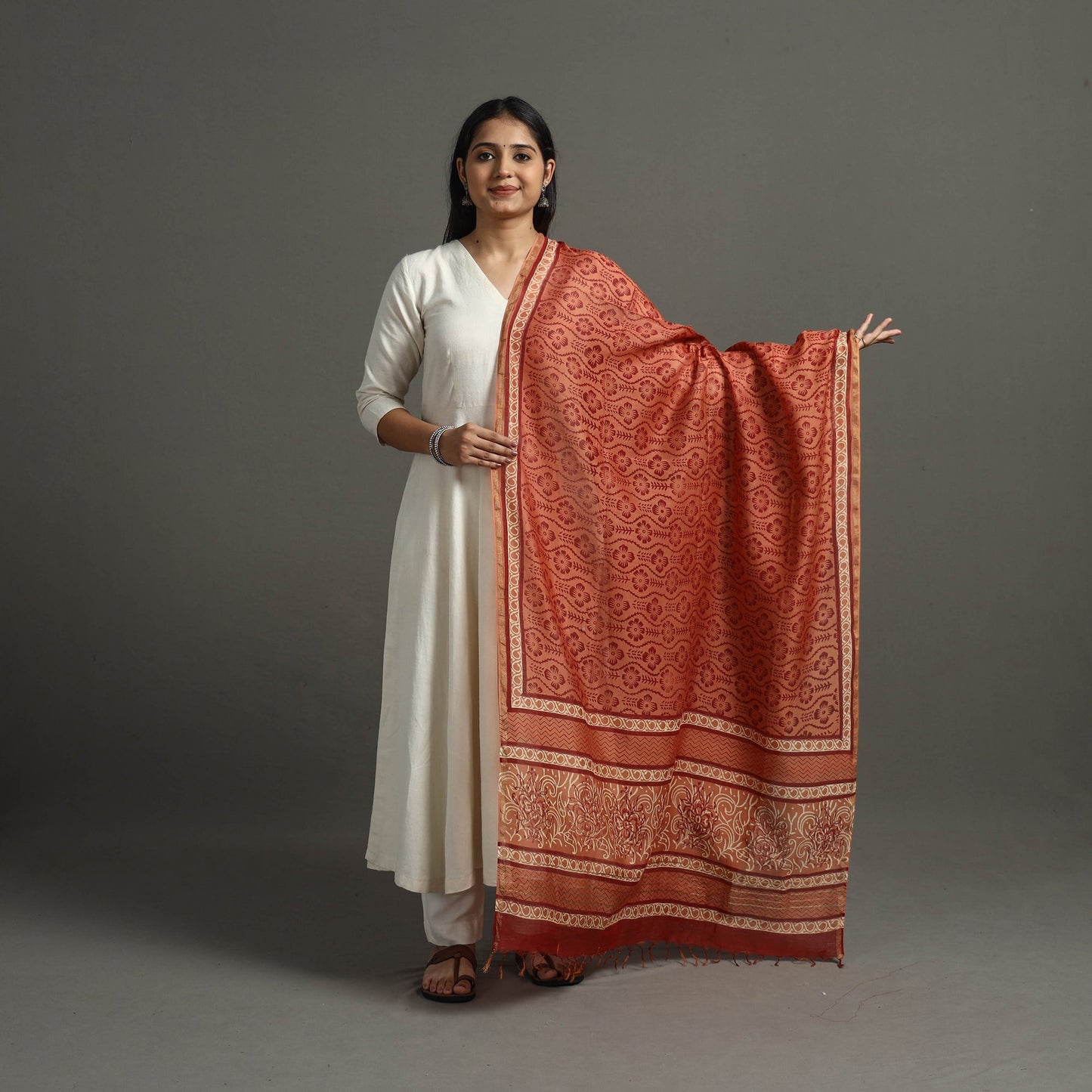 Orange - printed chanderi silk bagru dupatta 66