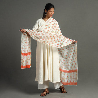  Orange Block Printed Chanderi Silk Sanganeri Dupatta
